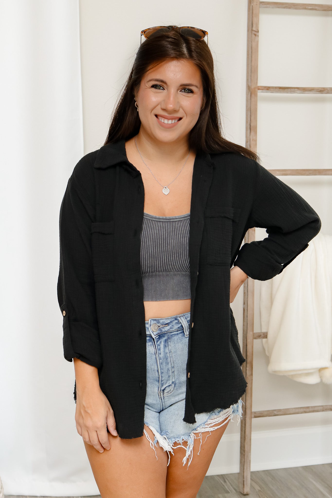 Easy Going Gauze Button Front Top (black)