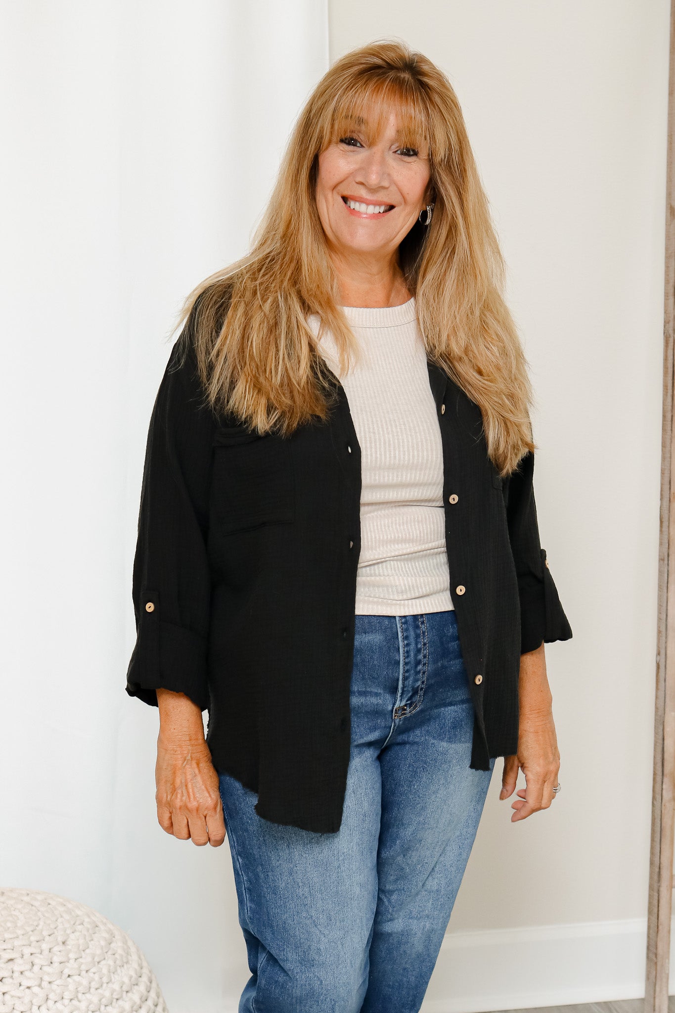 Easy Going Gauze Button Front Top (black)