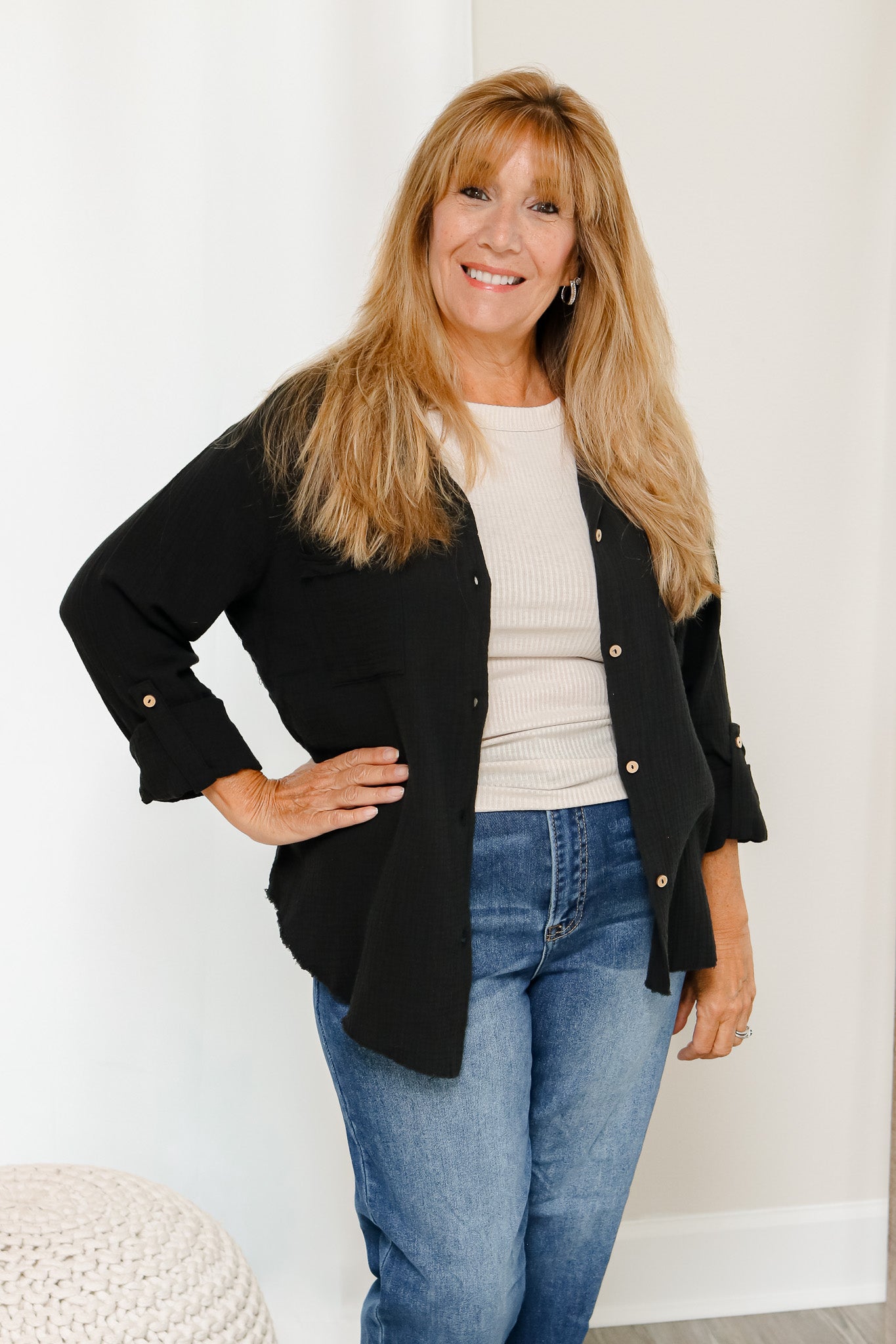 Easy Going Gauze Button Front Top (black)