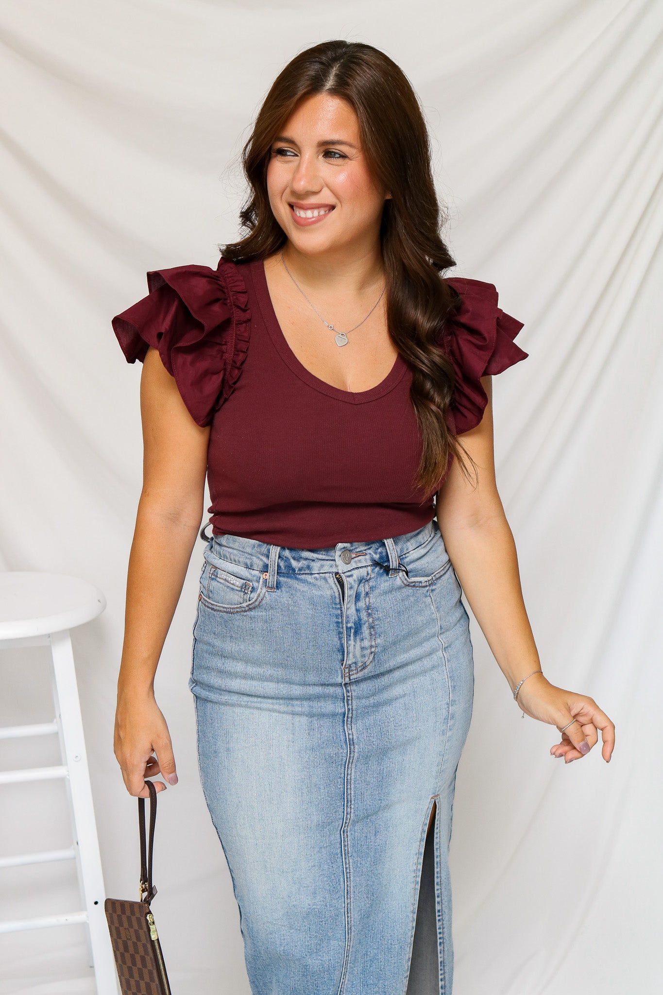 Vineyard Days Ruffle Bodysuit (maroon)