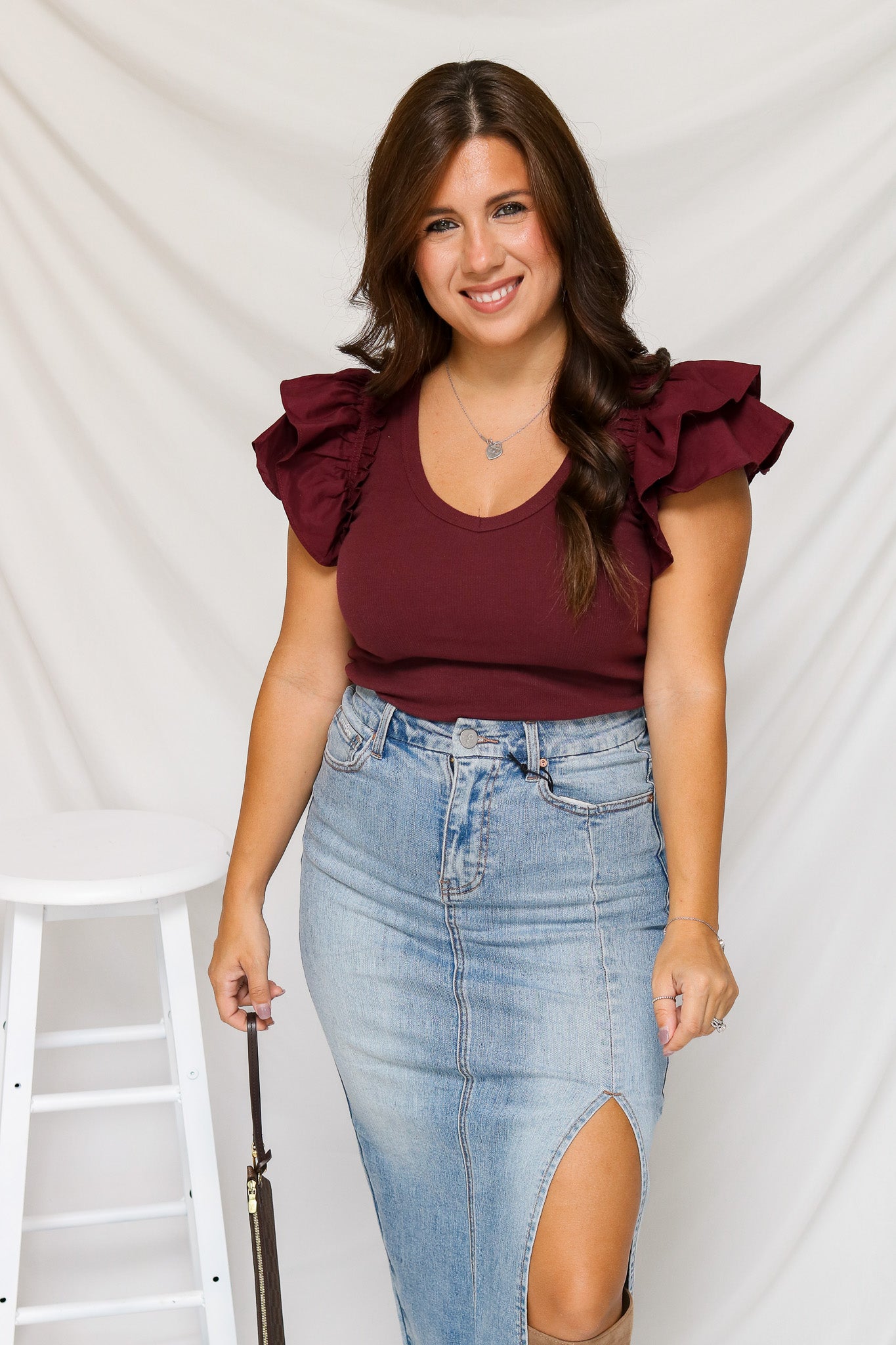 Vineyard Days Ruffle Bodysuit (maroon)