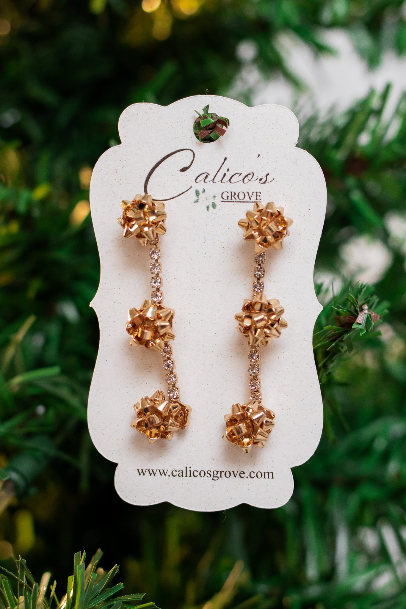 Gold Christmas Bows Rhinestone Drop Earrings