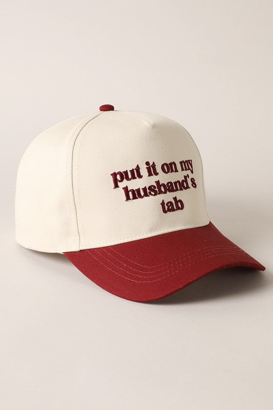 Put It On My Husband's Tab Embroidered Baseball Cap (burgundy)