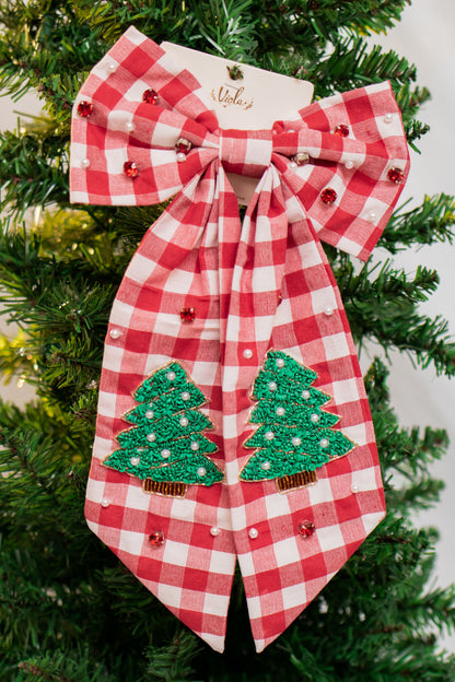 Plaid Holiday Tree Hair Bow (red)
