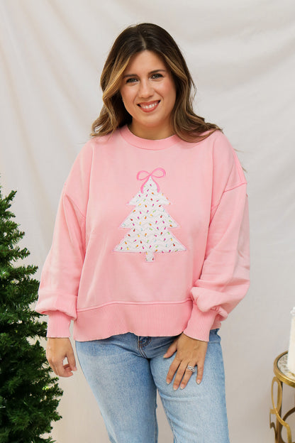 Pink Christmas Tree Embroidered Pullover