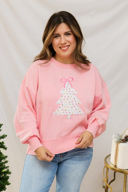 Pink Christmas Tree Embroidered Pullover