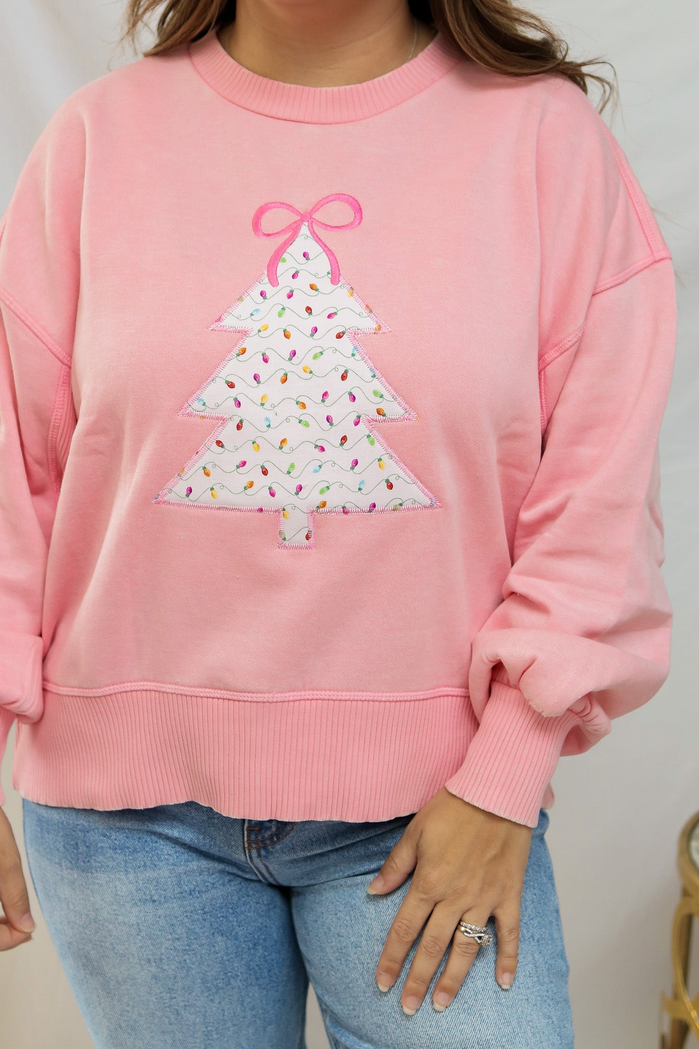 Pink Christmas Tree Embroidered Pullover