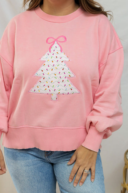 Pink Christmas Tree Embroidered Pullover