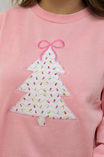 Pink Christmas Tree Embroidered Pullover