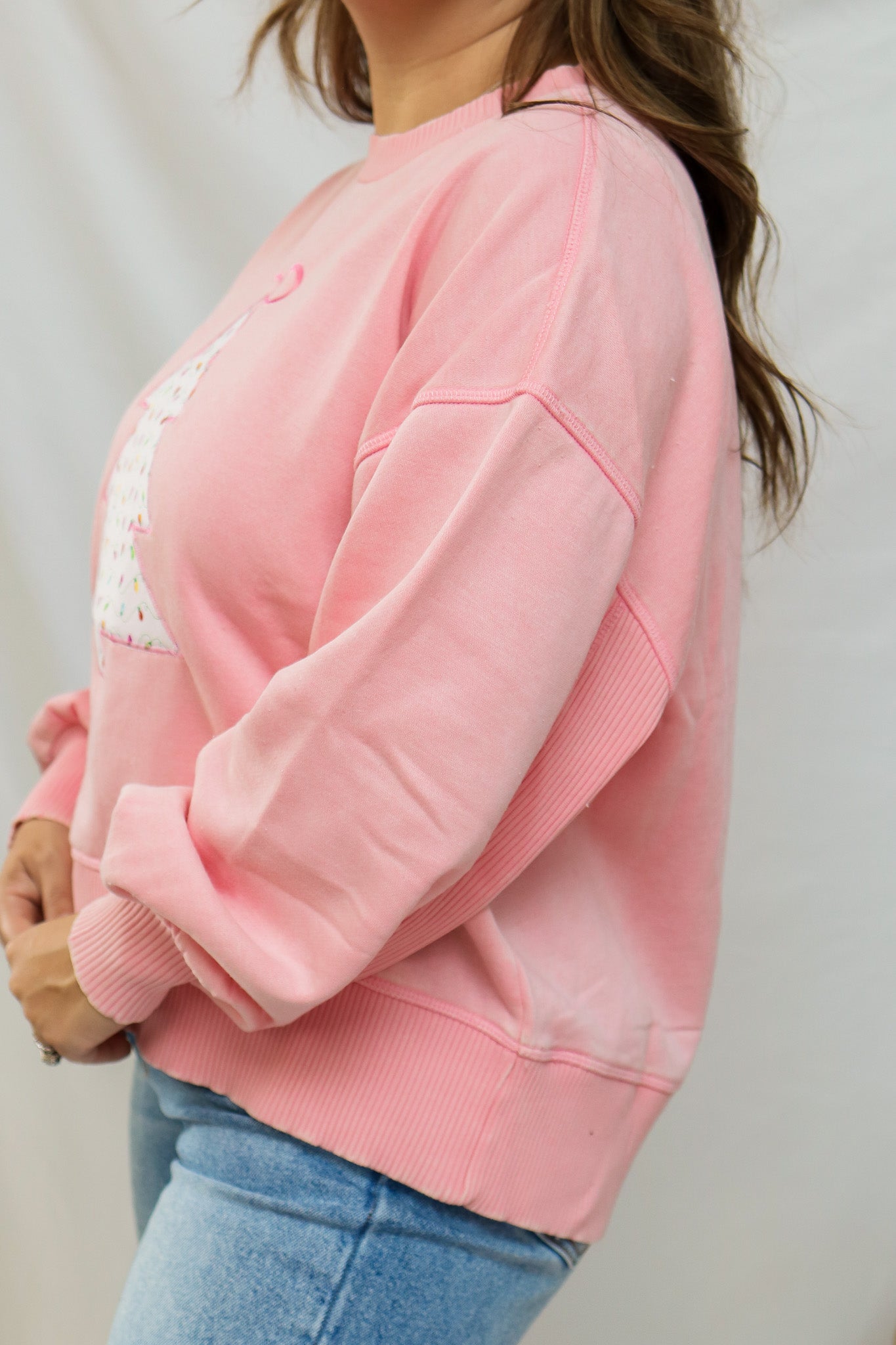 Pink Christmas Tree Embroidered Pullover