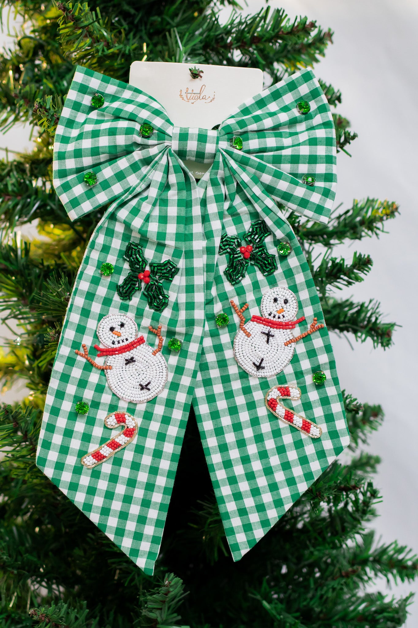 Plaid Snowman Holiday Hair Bow (green)