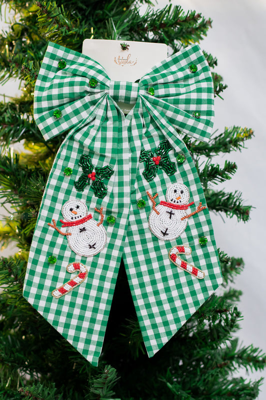 Plaid Snowman Holiday Hair Bow (green)