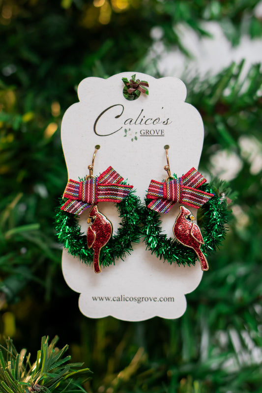 Cardinal Christmas Wreath Earrings