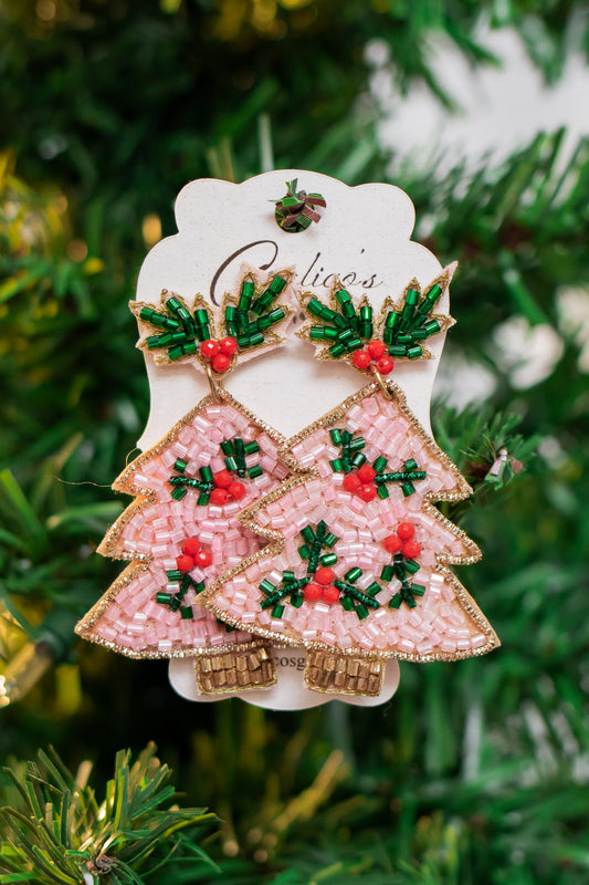 Holly Christmas Tree Beaded Earrings (pink)