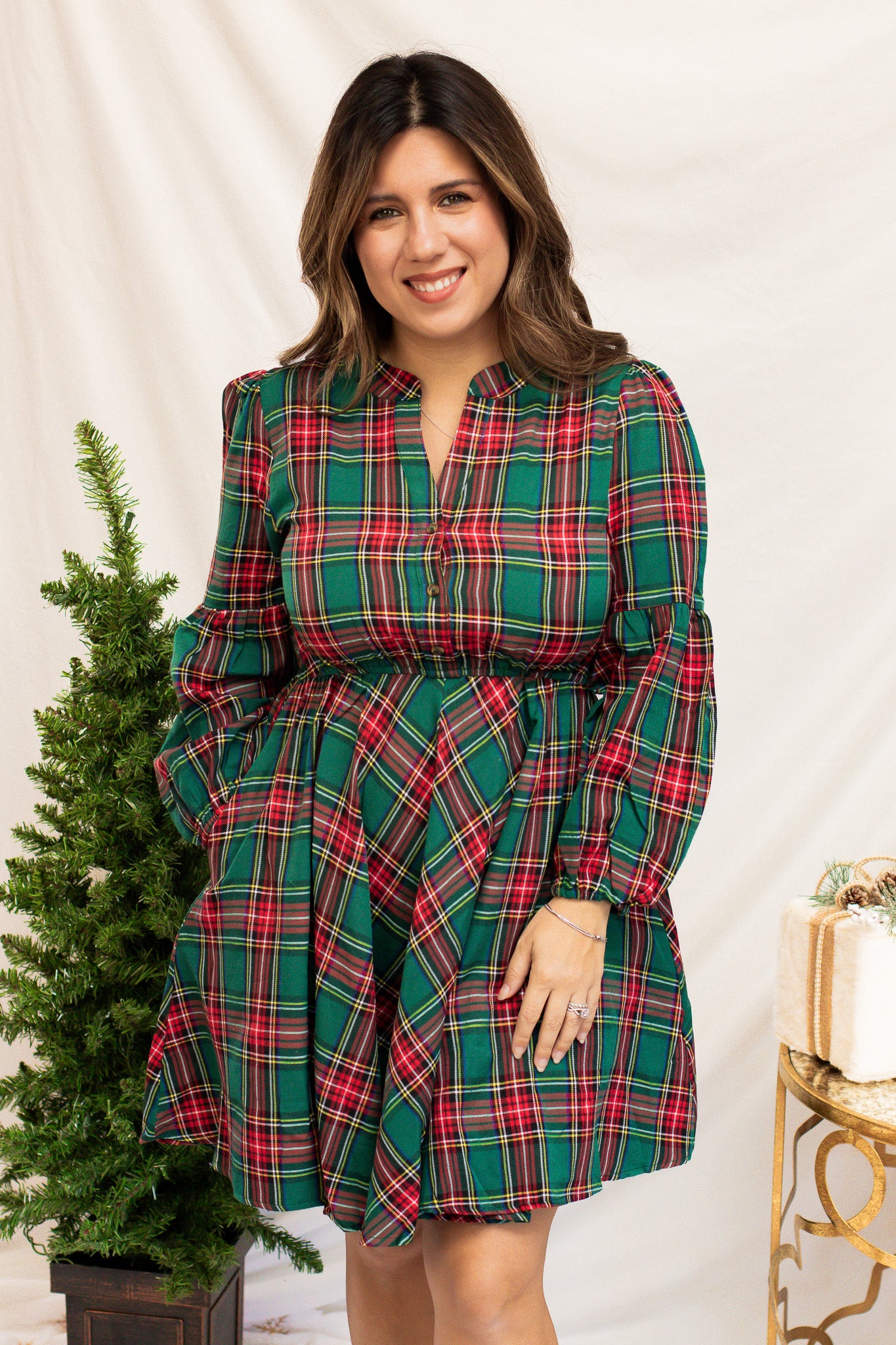 Around The Tree Green Plaid Dress