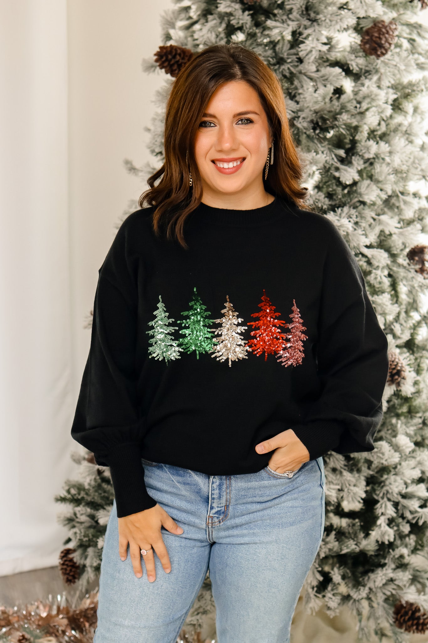Colorful Christmas Trees Sequin Sweater (black)