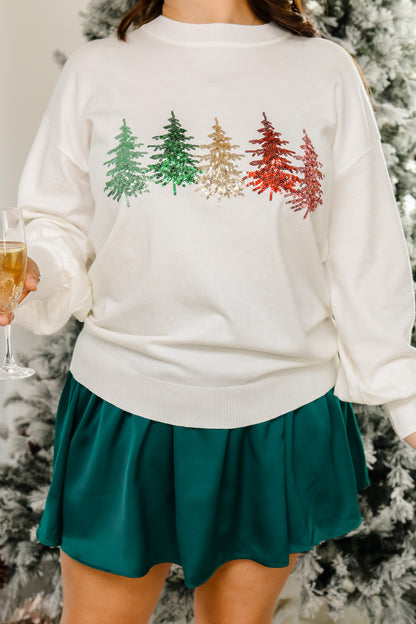 Colorful Christmas Trees Sequin Sweater (off white)