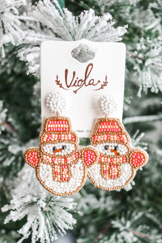 Snowman Beaded Earrings (pink)