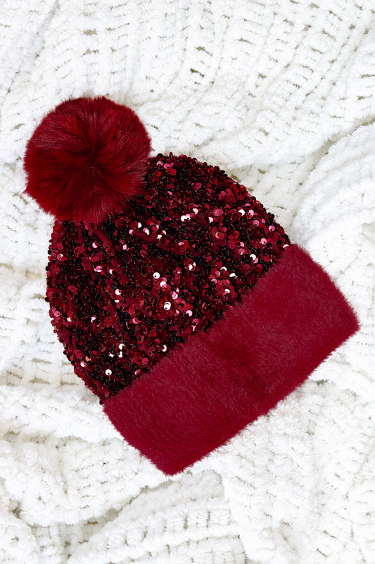 Sequin Faux Fur Beanie (burgundy)