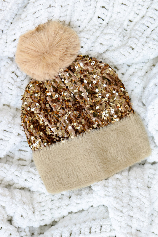 Sequin Faux Fur Beanie (brown)