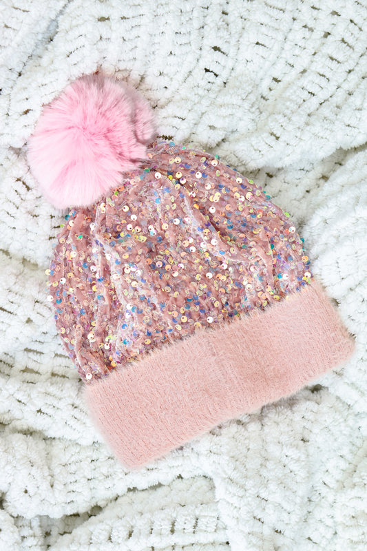 Sequin Faux Fur Beanie (light pink)