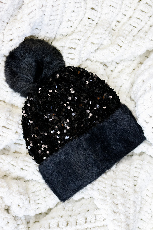 Sequin Faux Fur Beanie (black)