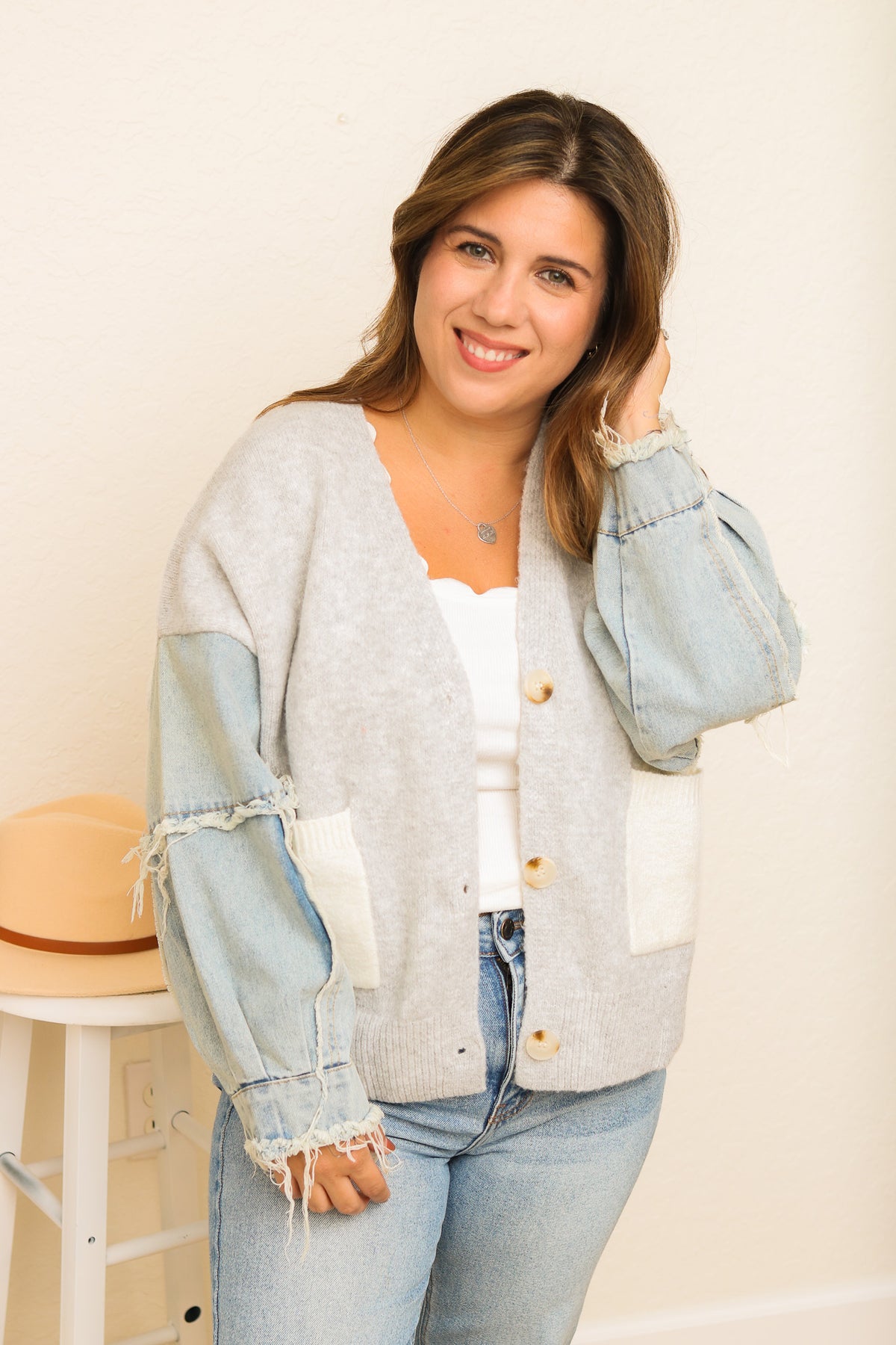 Make A Statement Denim Sleeve Knit Jacket