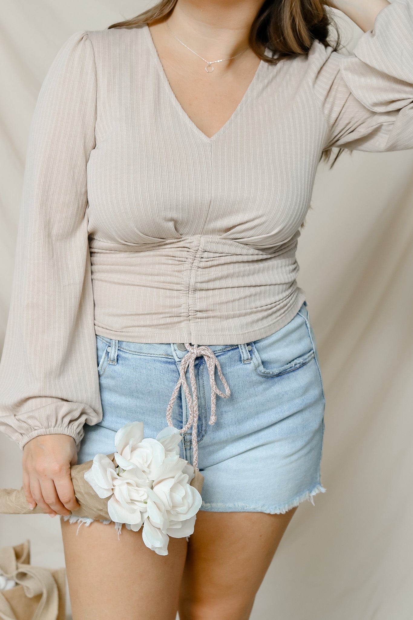 Crisp Afternoons Ruched Top (taupe)