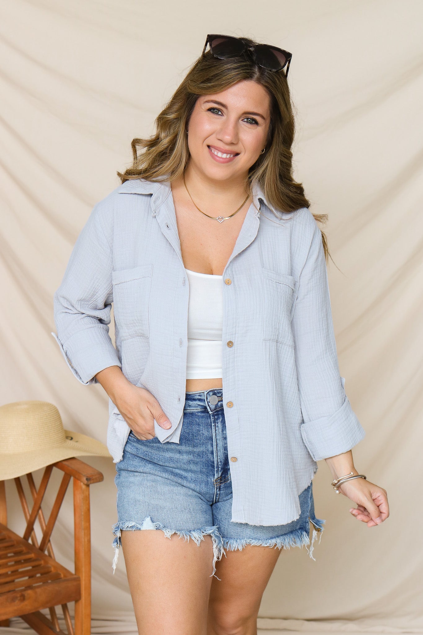 Easy Going Gauze Button Front Top (light blue/grey)