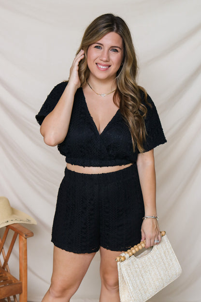 Desired Destination Black Crochet Shorts Set