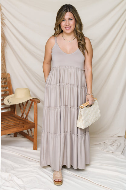 Time Goes By Ruffle Maxi Dress (light mocha)