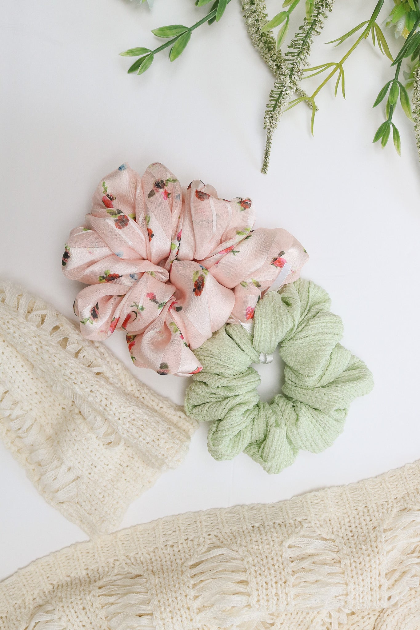 Pink Floral And Mint Scrunchie Set