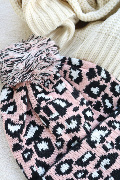 Leopard Pom Pom Beanie (pink)