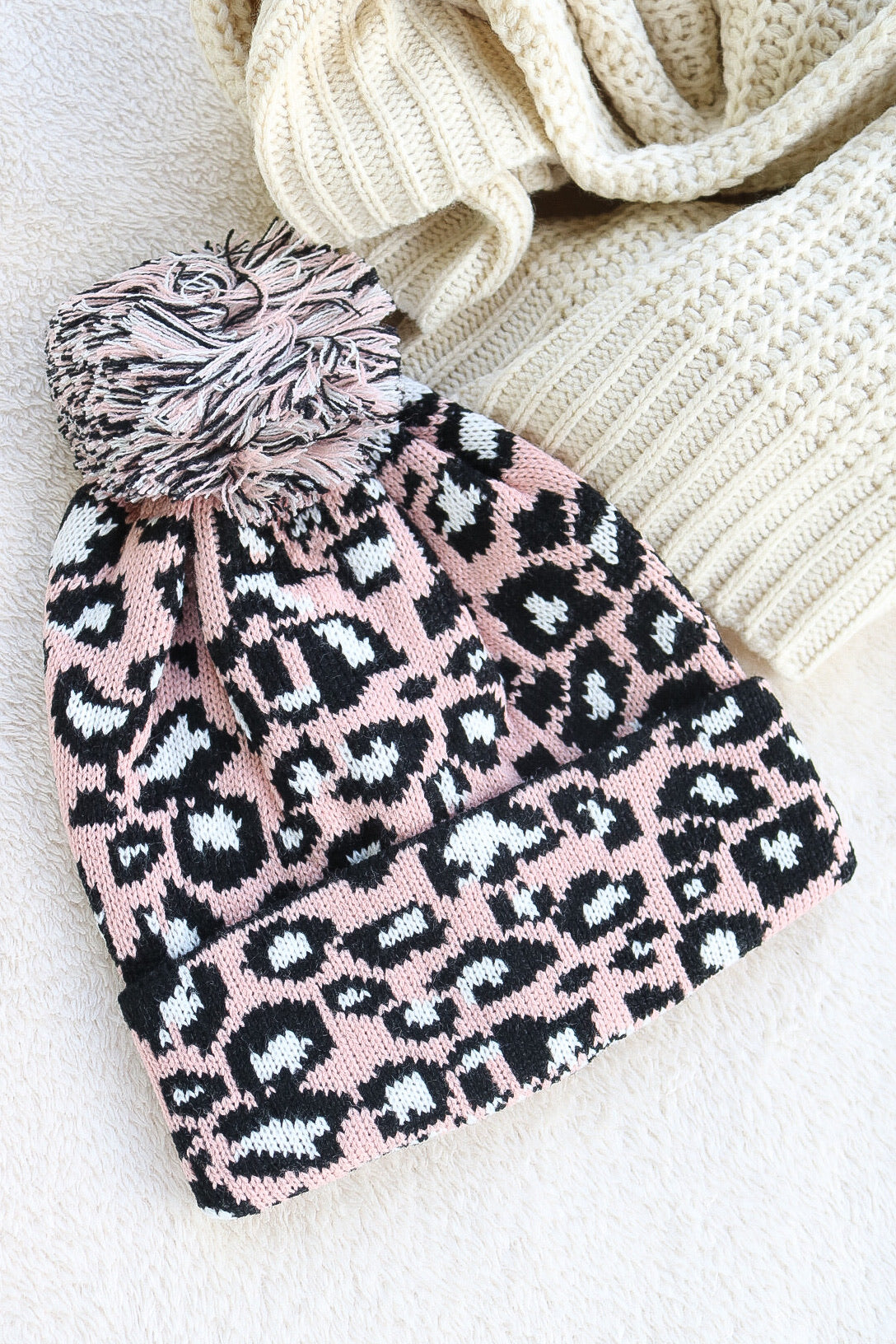 Leopard Pom Pom Beanie (pink)