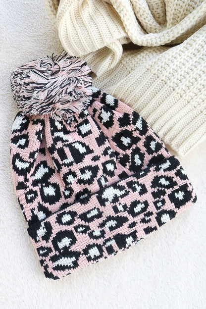 Leopard Pom Pom Beanie (pink)